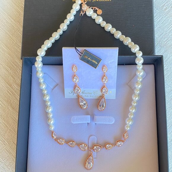 Rose Gold Cubic Zirconia Earrings & Faux Pearl Necklace - Picture 2 of 5